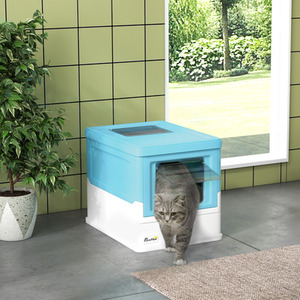 PawHut Cat Litter Box with Lid, Foldable Cat Litter Tray with Scoop - Blue by PawHut