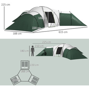 Outsunny 6-9 Man Large Camping Tent with 3 Bedroom, Living Area and Porch - Green by Outsunny