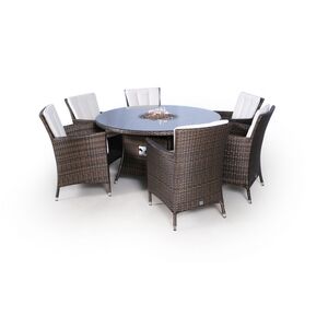 Savannah Fire Pit Round Rattan Patio Dining Set - Brown / 6 by Giardino