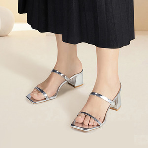 Square-Toe Open-Toe Block Heel Sandals by komore