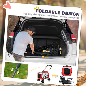 PawHut Foldable Pet Stroller with Detachable Carrier - Red by PawHut