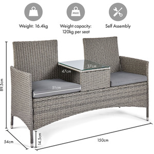 Rattan Love Seat for Garden with Glass Tabletop 2 Person - Grey by VonHaus