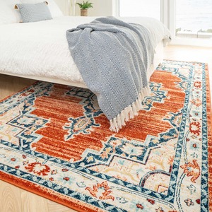 Orange Terra Navy Traditional Medallion Low Pile Soft Living Area Rug by The Rug House