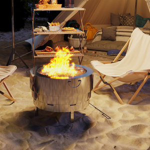 Outsunny Fire Pit with Grill Net, Stainless Steel Firepit with Poker - Silver by Outsunny