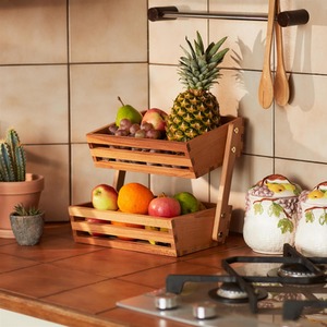 Wooden Two-Tier Vegetable Basket and Fruit Storage Rack for Kitchen Essentials - Brown by NOVECRAFTO