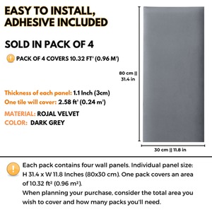 Velvet Wall Panels 4 Pack with Adhesive - Anti-Collision Wall Mounted Headboards - Dark Grey by NOVECRAFTO