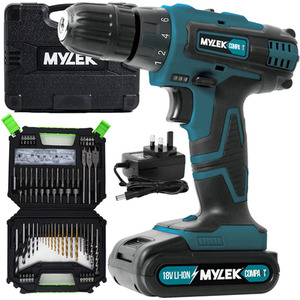 Cordless Drill with MYLEK 4ORCE Accessory Kit - Blue Black / 128 Pieces by Mylek