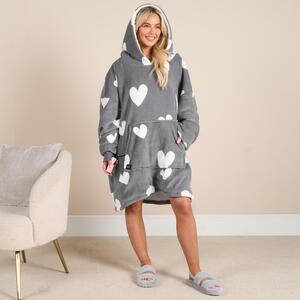 Heart Print Sherpa Heated Hoodie Blanket w Power Bank - Charcoal Grey by OHS