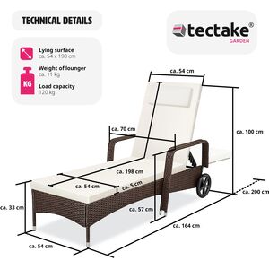 Rattan Garden Sun Lounger with 6 Position Backrest - Mixed Brown by tectake