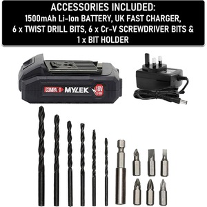 Mylek 18V Cordless Drill With 1500mAh Lithium Ion Battery Pack - Black by Mylek
