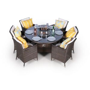 Savannah Fire Pit Round Rattan Patio Dining Set - Brown / 6 by Giardino