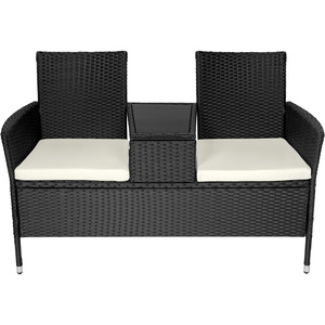 Garden Bench Love Seat with Table Poly Rattan - Black/Beige by tectake
