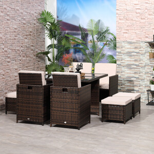 Outsunny 9 Piece Rattan Dining Set Garden Furniture - Brown by Outsunny