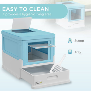 PawHut Cat Litter Box with Lid, Foldable Cat Litter Tray with Scoop - Blue by PawHut