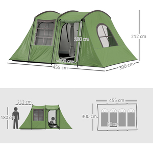Outsunny 3-4 Man Tunnel Tent with Porch, 3000mm Waterproof - Green by Outsunny