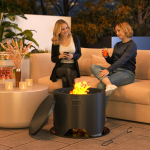 Outsunny Outdoor Round Fire Pit with Lid, Firepit with Fire Poker - Black by Outsunny