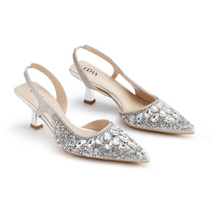 Heels Pointed Toe Slingback with Rhinestone Detail by Livingandhome