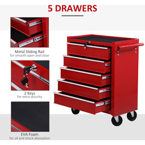 HOMCOM 5 Drawer Tool Trolley Lockable Steel Tool Chest on Wheels - Red by HOMCOM
