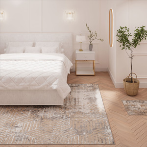 Warm Beige Grey Distressed Abstract Geometric Motif Area Rug by The Rug House