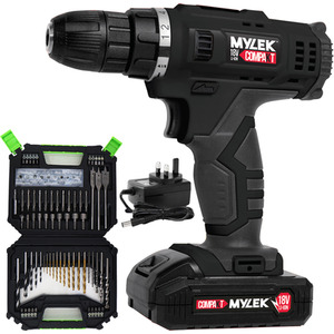 18V Li-ion Cordless Drill Electric Screwdriver, Combi Driver and Accessory Kit - Black / 128 Piece by Mylek