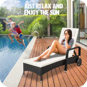Rattan Garden Sun Lounger with 6 Position Backrest - Black/Beige by tectake