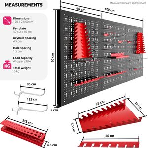 Pegboard - for tools, with 25 hooks and brackets, made of steel - Black/Red by tectake