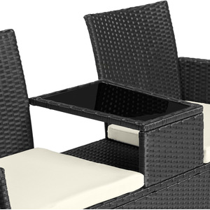Garden Bench Love Seat with Table Poly Rattan - Black/Beige by tectake