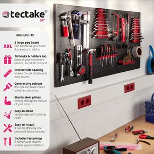 Pegboard - for tools, with 25 hooks and brackets, made of steel - Black/Red by tectake