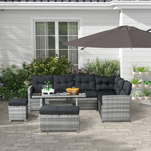 Outsunny 5 Pieces Patio Garden Rattan Sofa Furniture Set with Stools, Table - Grey by Outsunny
