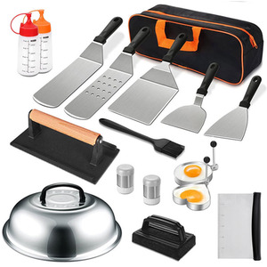 17-Piece Stainless Steel BBQ Griddle Tool Kit - Black + Silver by Livingandhome