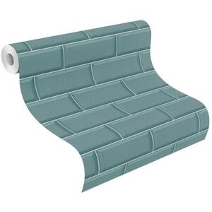 Realistic Wall Tiles Vinyl Wallpaper Paste The Wall - Teal by Rasch