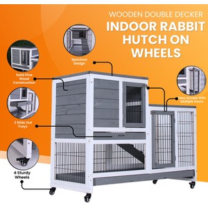 Wooden Double Decker Indoor Rabbit Hutch on Wheels - Grey by NOVECRAFTO