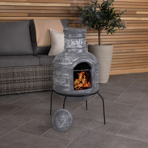 Leaf Motif Clay Chiminea BBQ Grill Leaf Design Rain Lid - Grey by Charles Bentley