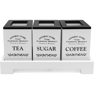 3 Piece Tea Coffee Sugar Canister Set with Stand - White - White by Maison Des Cadeaux