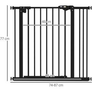 Dog Gate Pressure Fit Pet Safety Barrier - Black / Metal Plastic / 74 - 87 cm by PawHut