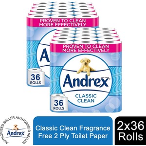 Andrex Toilet Rolls x36, x72 or x108 Classic Clean Fragrance-Free Toilet Paper - 2 Ply / 2 by Andrex
