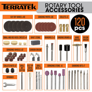 Rotary Tool Kit 135W Variable Speed and 120pc Accessory Set - Grey by Terratek