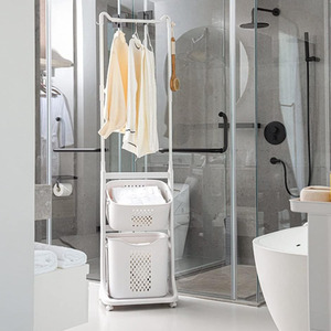 2 Tier Plastic Laundry Baskets with Hanging Rack and Wheels - White by lifeideas