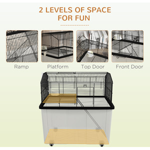 PawHut Small Animal Cage with Wheels, Deep Bottom, Ramp - Black by PawHut