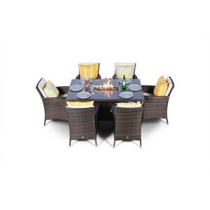 Savannah Fire Pit Square Rattan Patio Dining Set - Brown / 6 by Giardino
