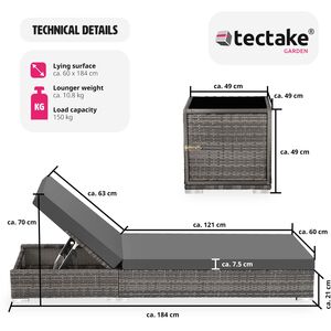 2 Rattan Sunloungers with Table and Protective Cover - Grey by tectake