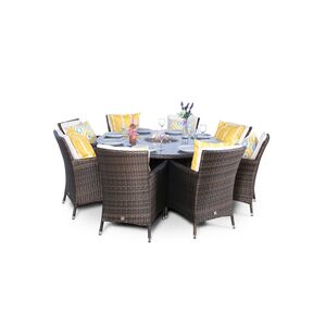 Savannah Fire Pit Round Rattan Patio Dining Set - Brown / 8 by Giardino