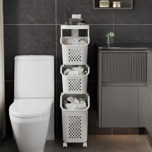 Multi Tier Laundry Baskets with Wheels and Rack - White / 99cm by lifeideas