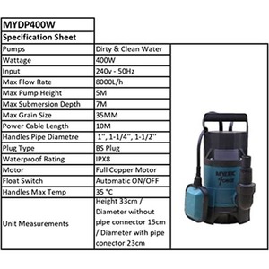Submersible Water Pump 750W With Optional Hose by Mylek
