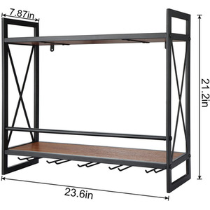 2 Layer Wall Mounted Wine Rack with Stemware Hanger Wall Red Wine Glass Holder - Black by Livingandhome