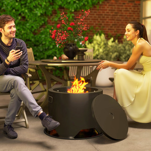 Outsunny Outdoor Round Fire Pit with Lid, Firepit with Fire Poker - Black by Outsunny