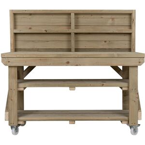 IndoorOutdoor Wooden Workbench With Back Panel Double Shelf And Wheels by Arbor Garden Solutions