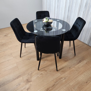Round Glass Black Dining Table, Storage Shelf And 4 Black Tufted Velvet Chairs - Black by Kosy Koala