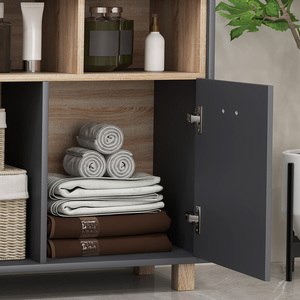HOMCOM Bathroom Cabinet with Open Compartments and Double Doors - Grey by HOMCOM