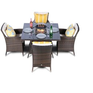 Savannah Fire Pit Square Rattan Patio Dining Set - Brown / 4 by Giardino